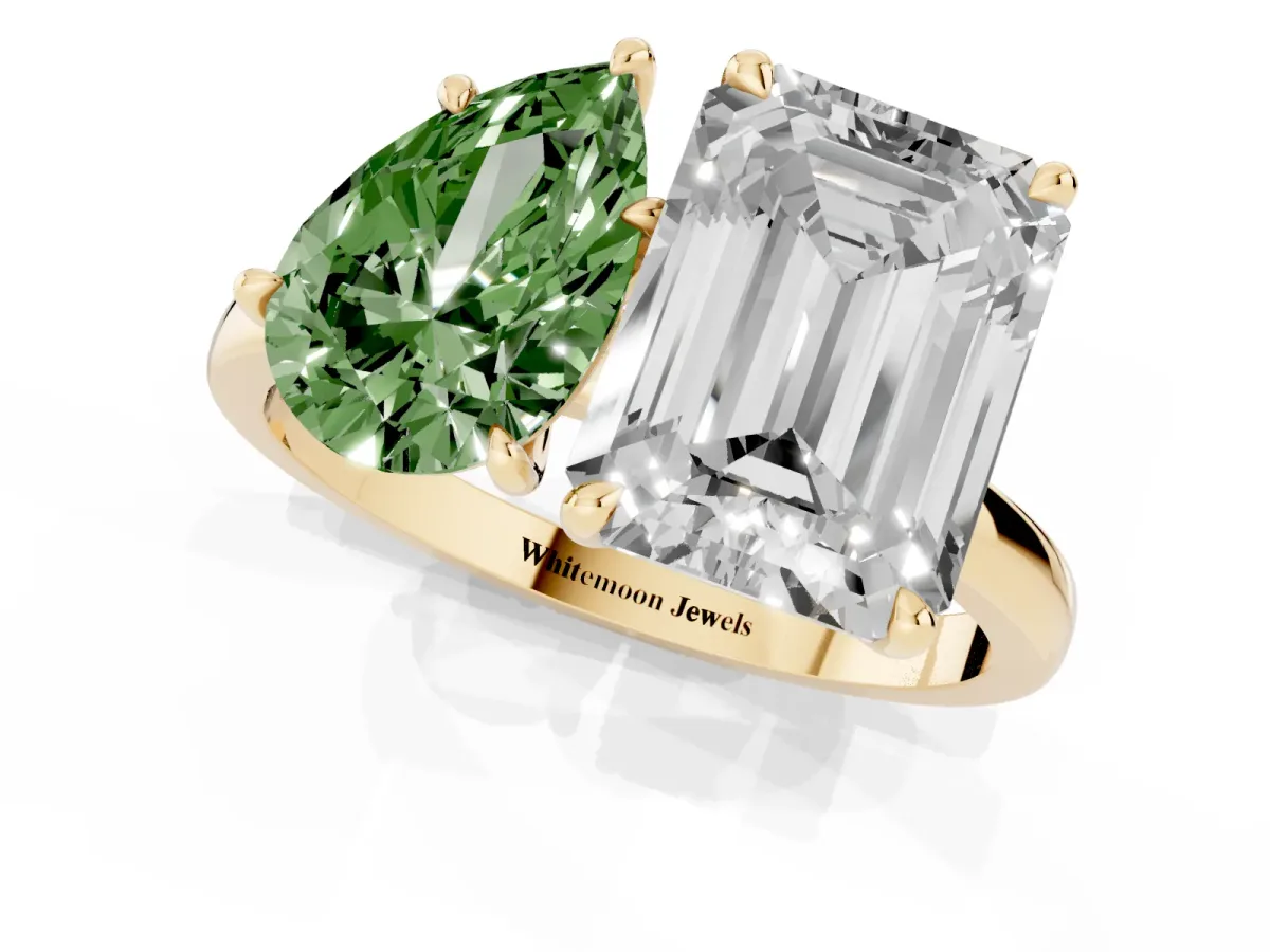 Fancy Green Pear Cut and Emerald Cut Toi Moi Ring with Prong Setting Yellow gold
