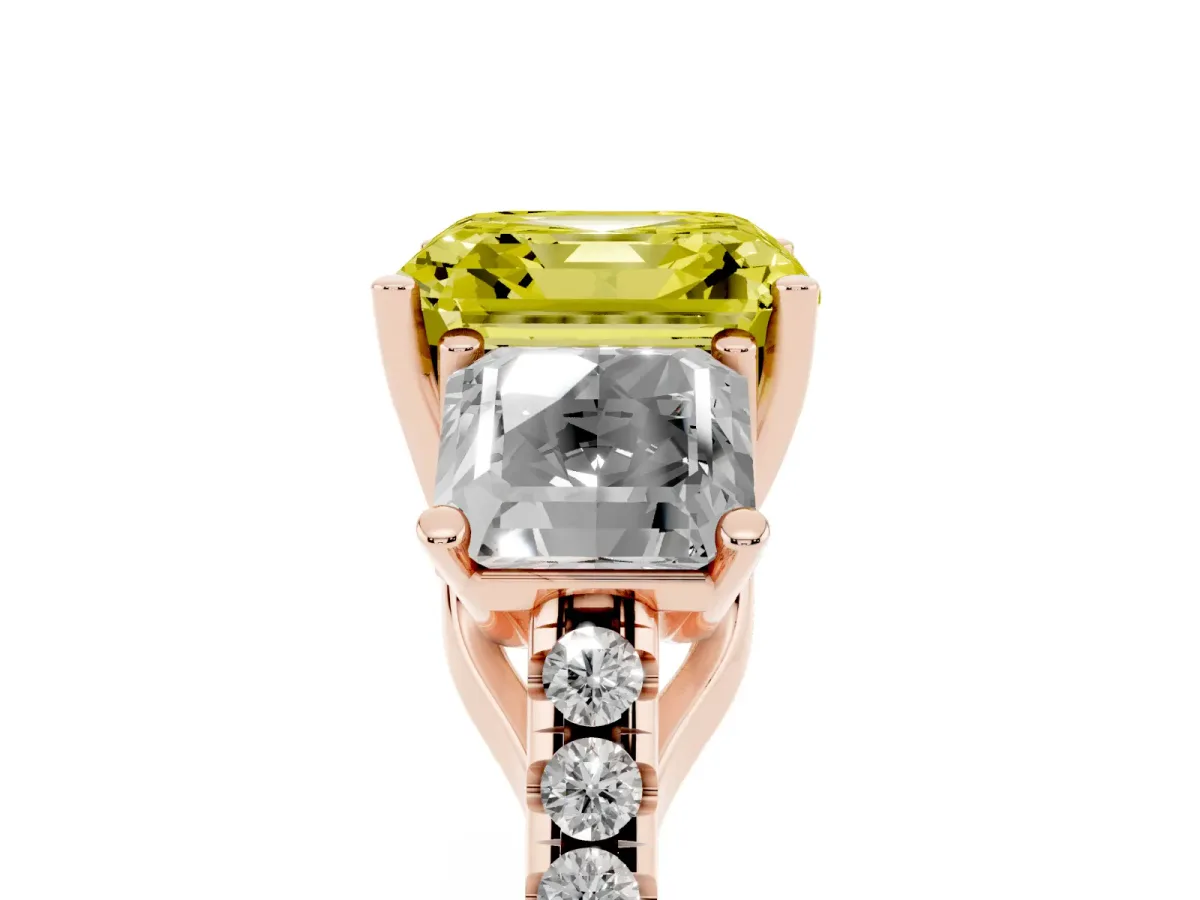 Fancy Yellow Three-Stone Asscher Cut Diamond Ring with Round Pavé Band and Prong Setting Rose gold