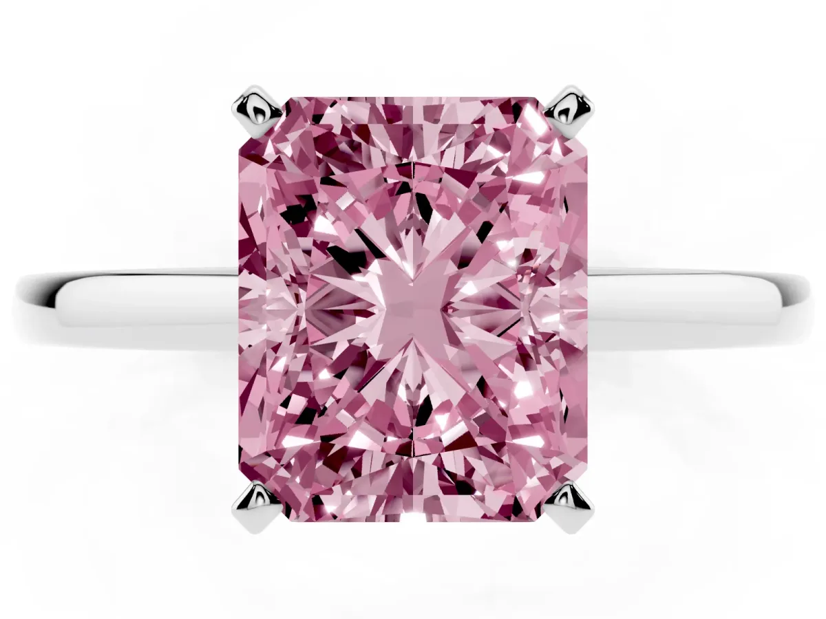 Fancy Pink Radiant Cut Solitaire Diamond Engagement Ring with Four-Prong Setting on a Classic Band Silver
