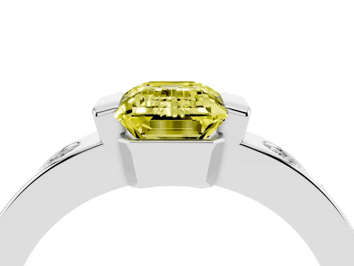 Fancy Yellow Emerald Cut Brilliant Channel-Set Diamond Ring with Bezel Prong Setting Platinum