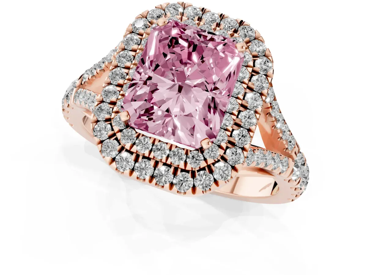 Fancy Pink Radiant Cut Diamond Pavé Split Shank Double Halo Engagement Ring Rose gold