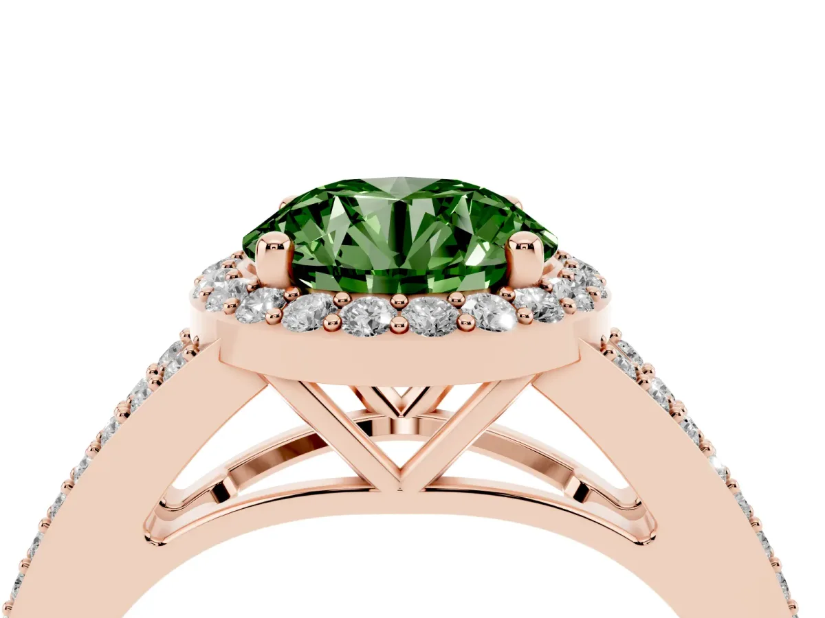 Fancy Green Round Cut Halo Split Shank Diamond Ring with Prong Setting Rose gold