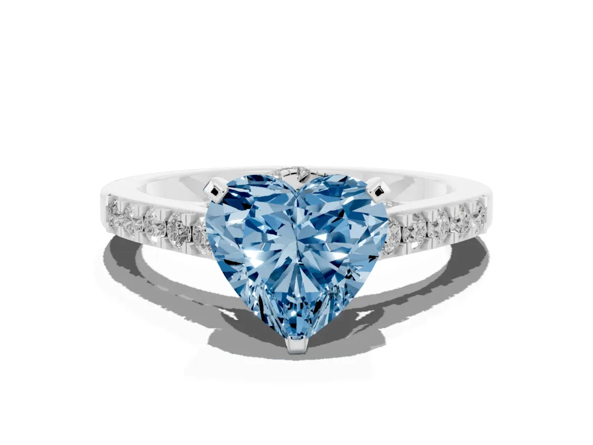 Fancy Blue Heart Cut Diamond Solitaire Ring with Crossover Gallery and Round Pavé Band Platinum