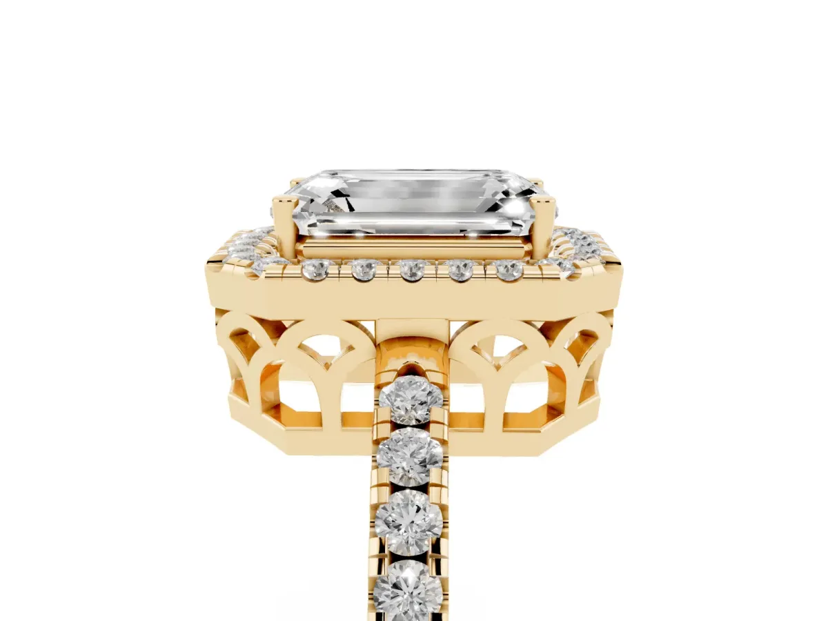 Emerald Cut Halo Diamond Engagement Ring with Pavé Band and Four-Prong Setting Yellow gold