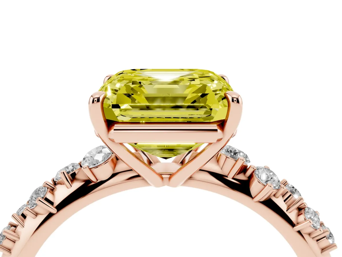 Fancy Yellow Asscher Cut Diamond Cluster Side Stone Solitaire Ring with Prong Setting Rose gold