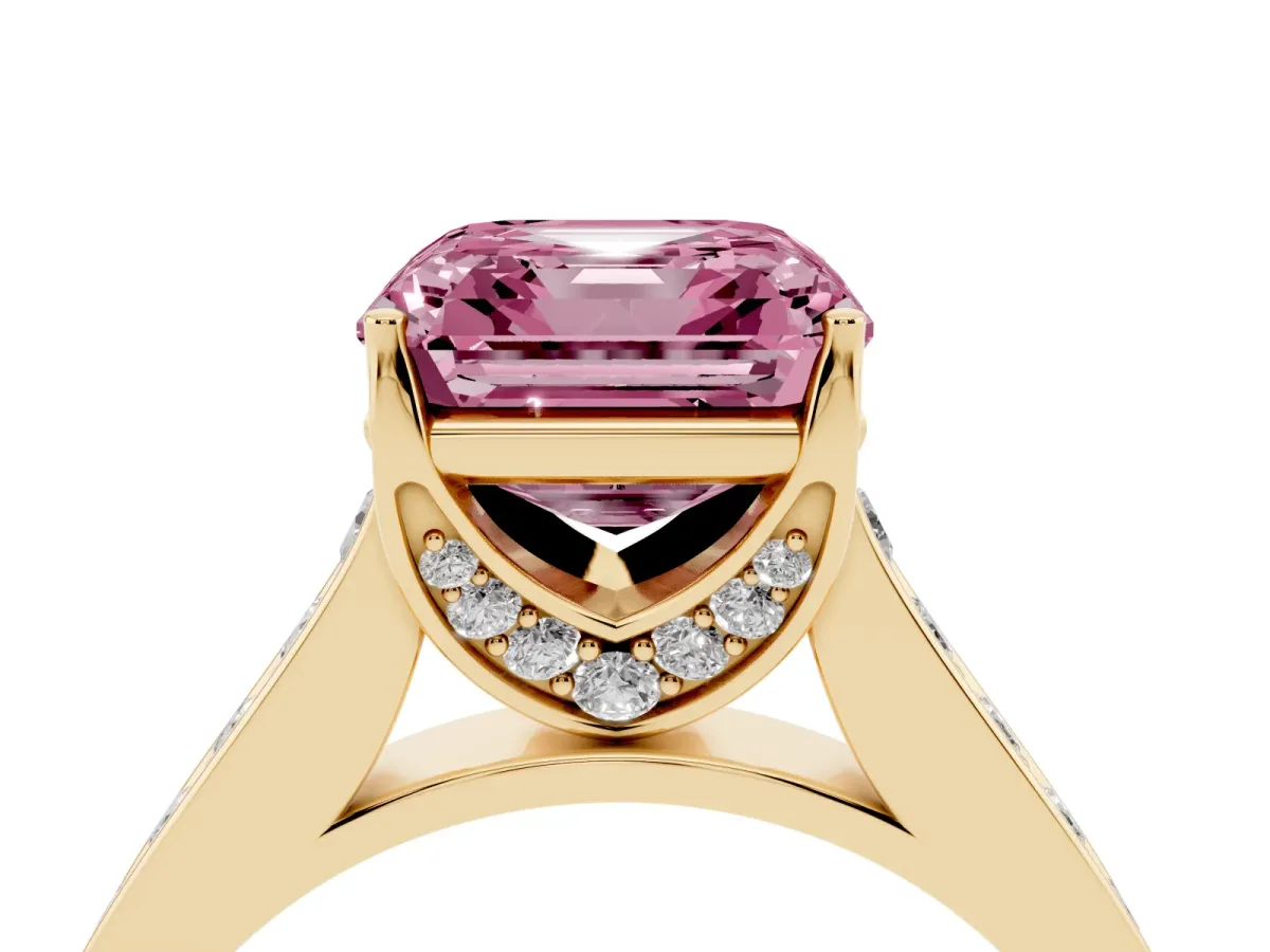 Fancy Pink Asscher Cut Brilliant Cut Diamond Engagement Ring with Pavé Band and Four-Prong Setting Yellow gold