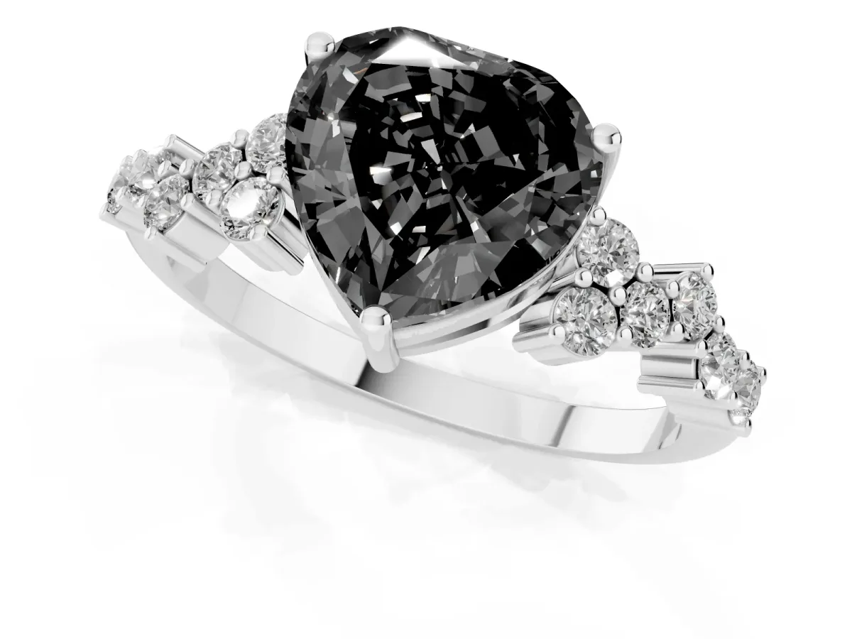Fancy Black Heart Cut Diamond Scattered Round Accent Ring with Prong Setting White gold