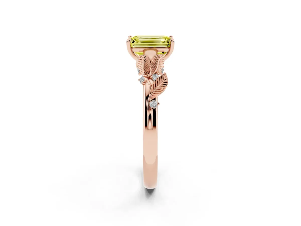 Fancy Yellow Emerald Cut Diamond Solitaire Ring with Leaf Motif Band and Four-Prong Setting Rose gold