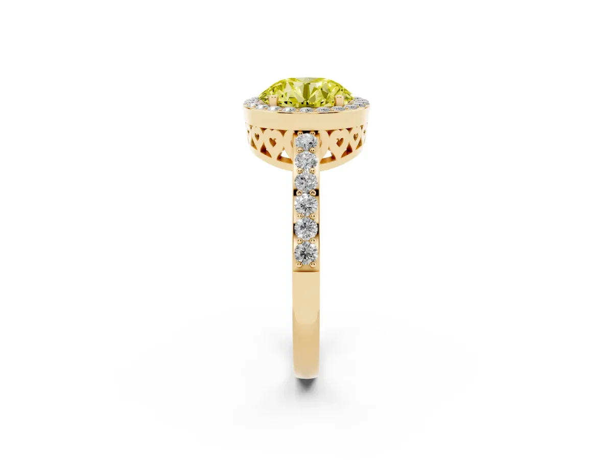 Fancy Yellow Round Cut Halo Diamond Pavé Band Ring with Prong Setting Yellow gold