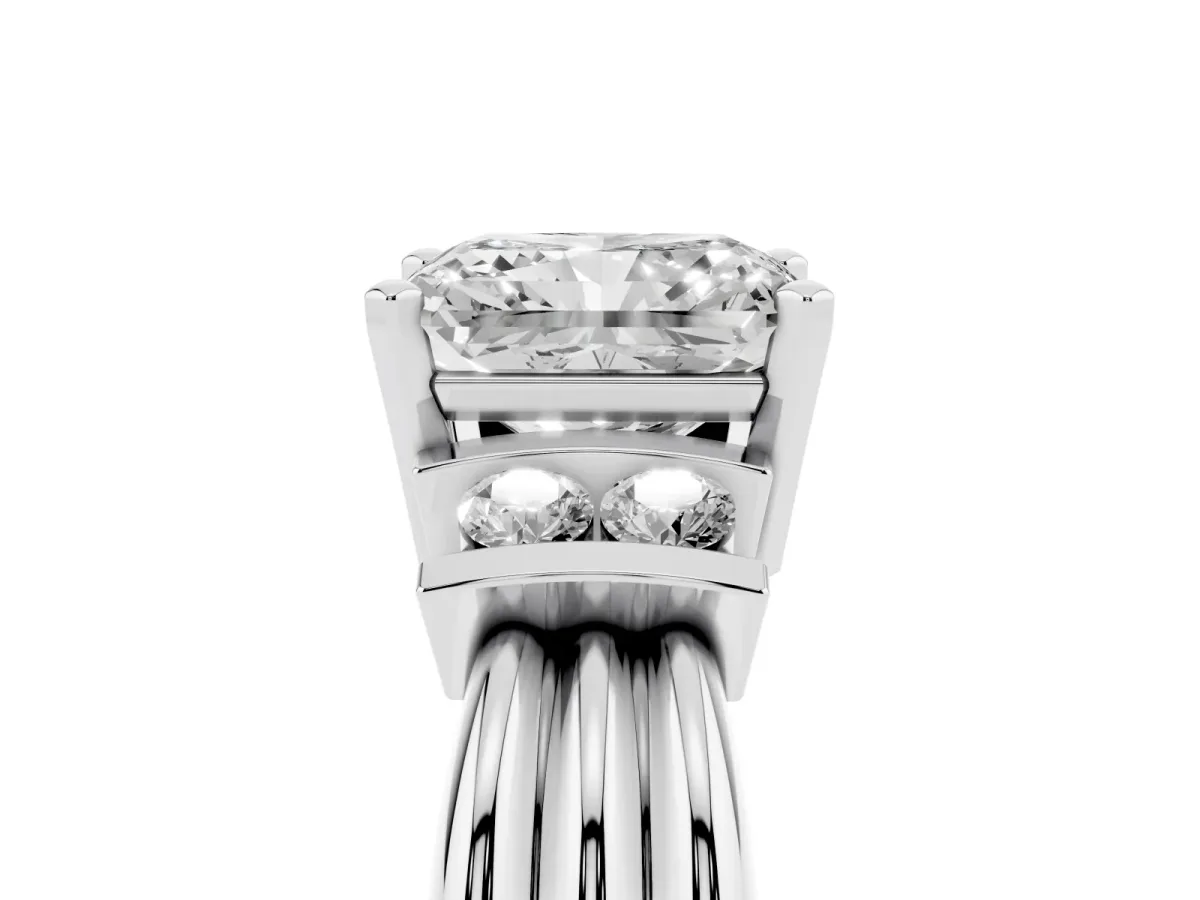 Radiant Cut Cut Three-Stone Channel Set Ring with Bar Prongs Silver
