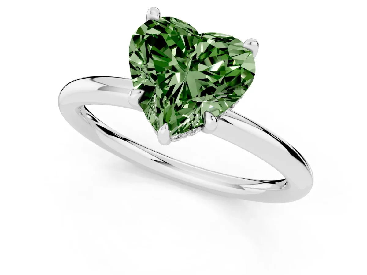 Fancy Green Heart Cut Diamond Solitaire Ring with Thin Band and Four-Prong Setting Platinum