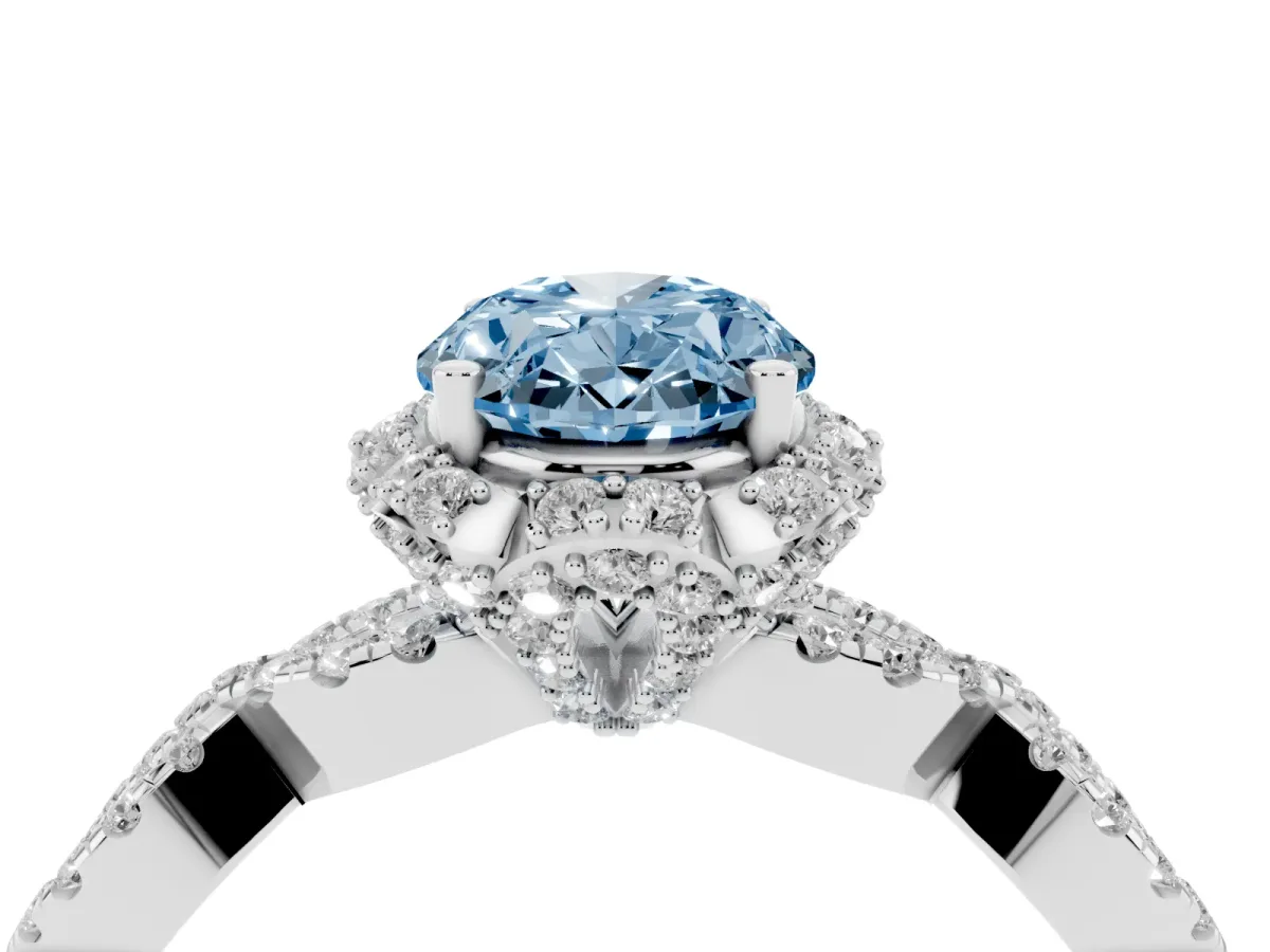 Fancy Blue Oval Cut Halo Twist Band Solitaire Ring with Six-Prong Setting Silver