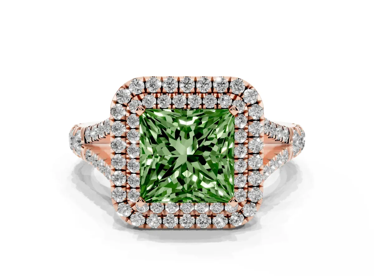 Fancy Green Princess Cut Diamond Double Halo Ring with Split Shank and Prong Setting Rose gold