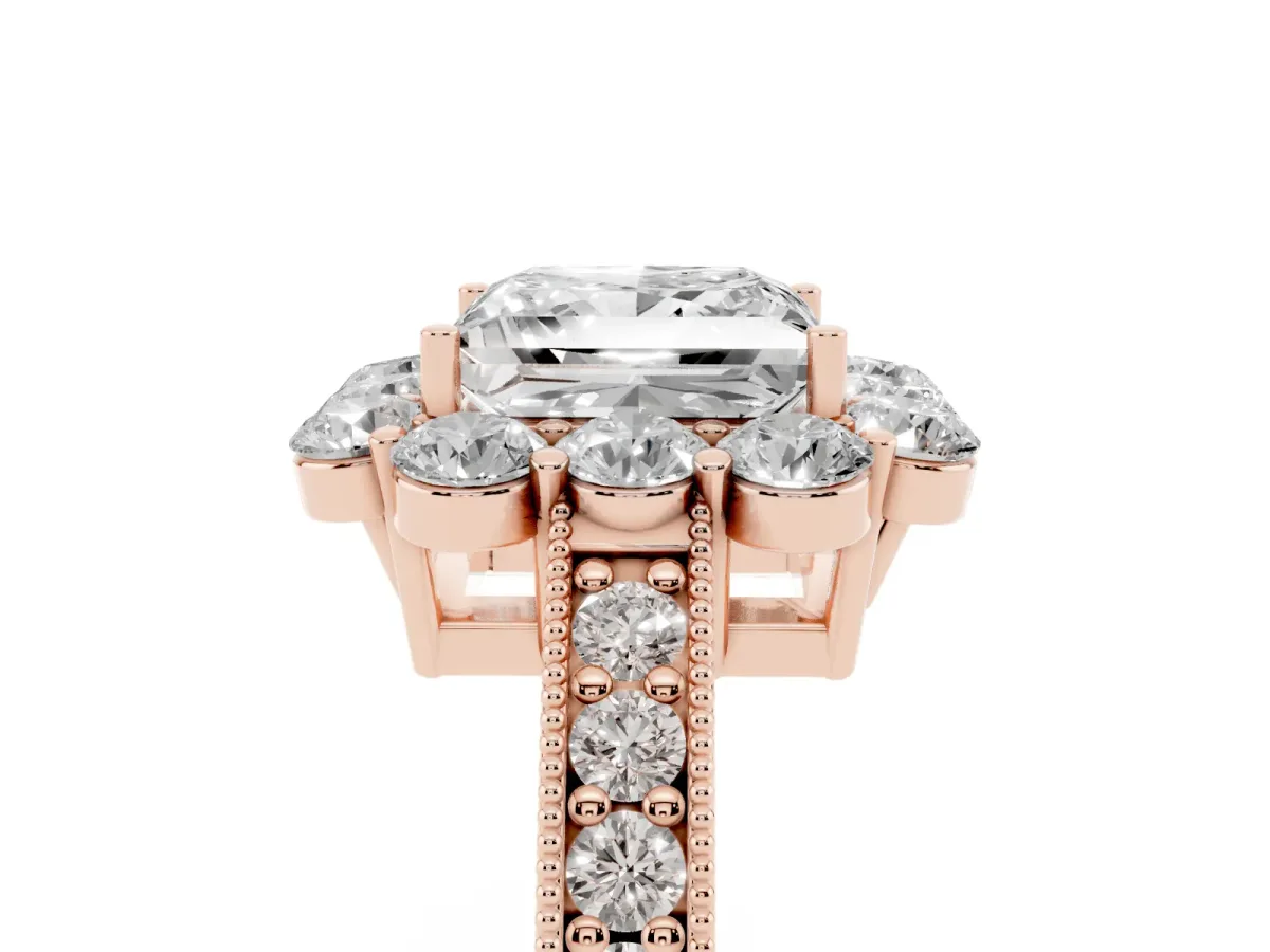 Princess Cut Cut Halo Diamond Pavé Engagement Ring with Milgrain Detailing Rose gold
