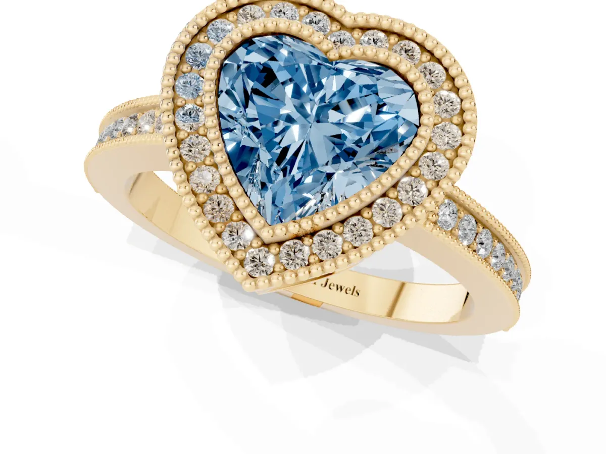 Fancy Blue Heart Cut Cut Halo Diamond Ring with Pavé Band and Milgrain Prong Setting Yellow gold