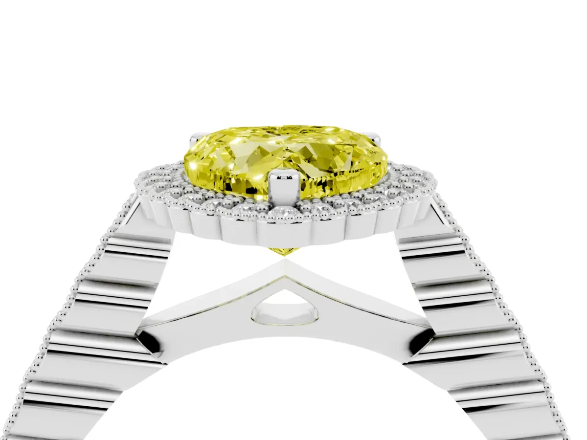 Fancy Yellow Heart Cut Cut Halo Pavé Solitaire Ring with Milgrain Band Silver