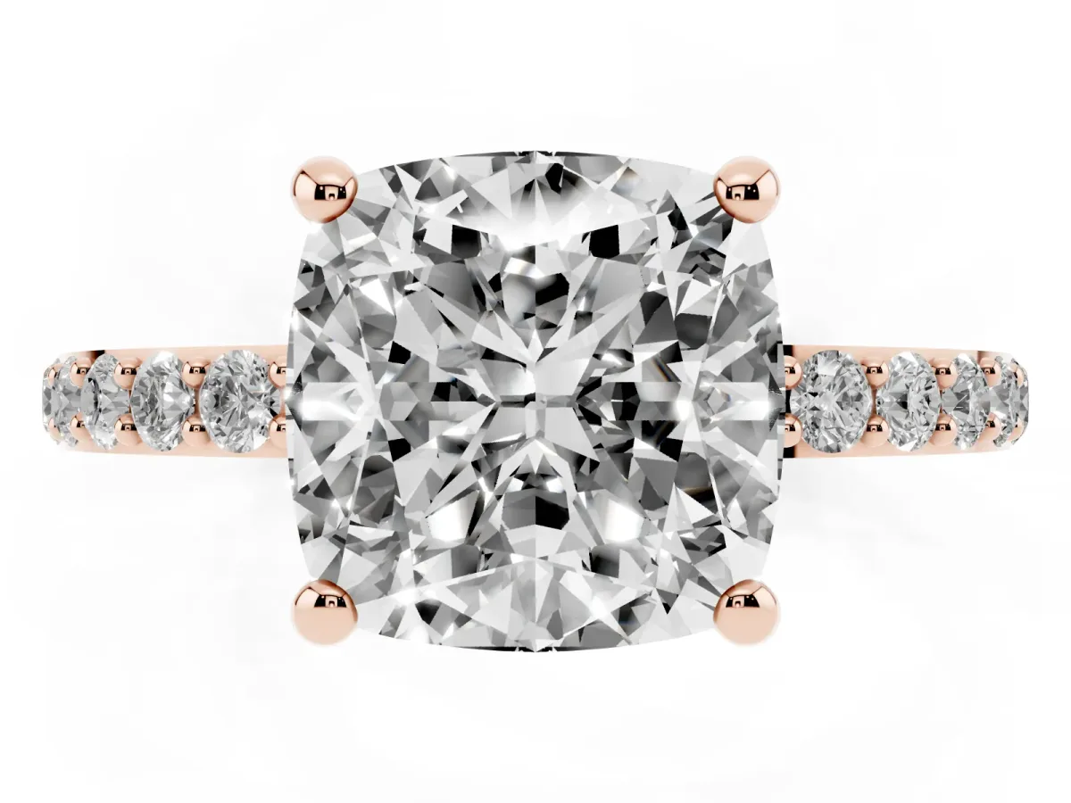 Cushion Cut Diamond Solitaire Ring with Round Pavé Band and Prong Setting Rose gold