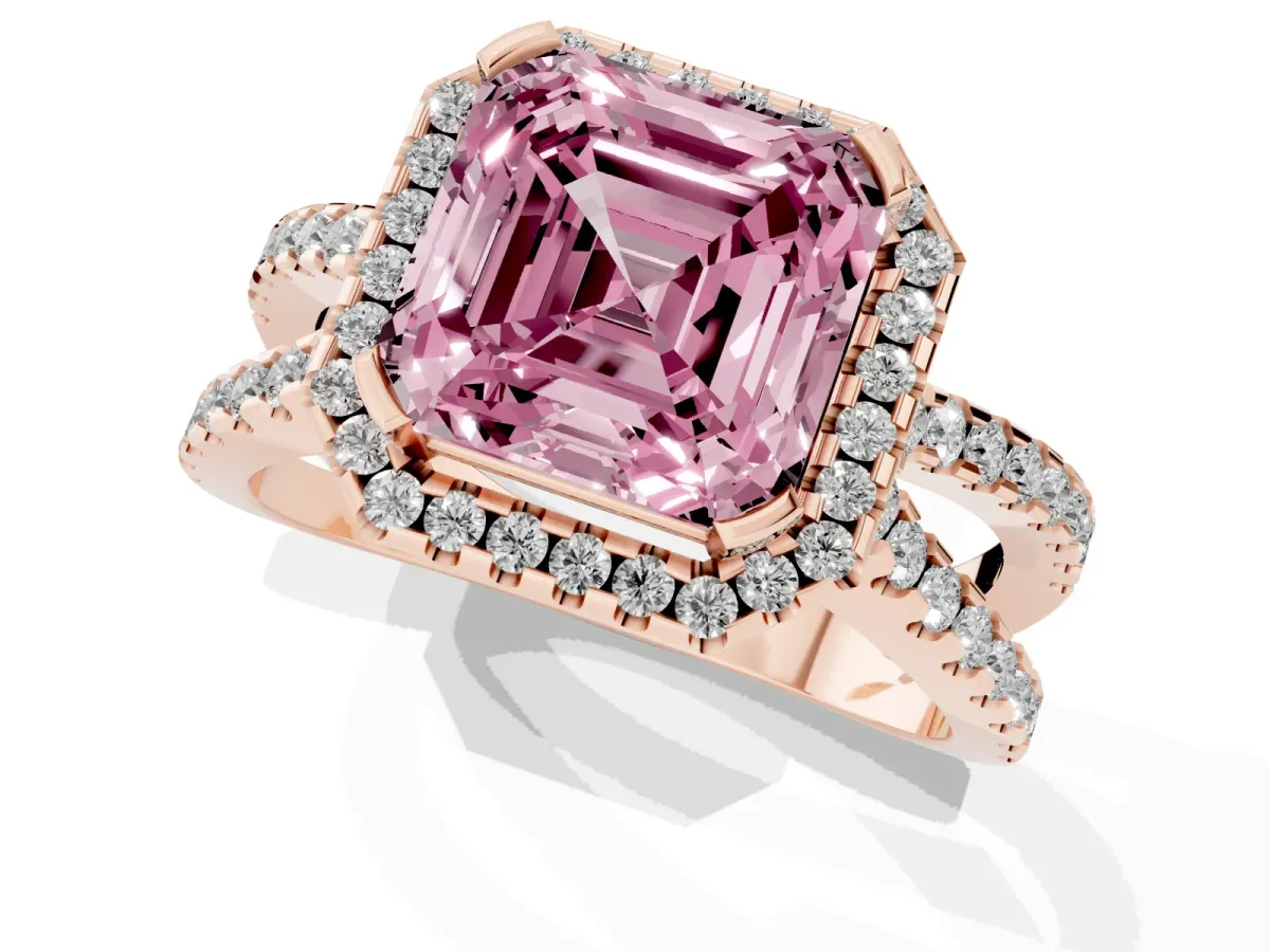 Fancy Pink Asscher Cut Diamond Halo Ring with Split Shank Pavé Band and Prong Setting Rose gold