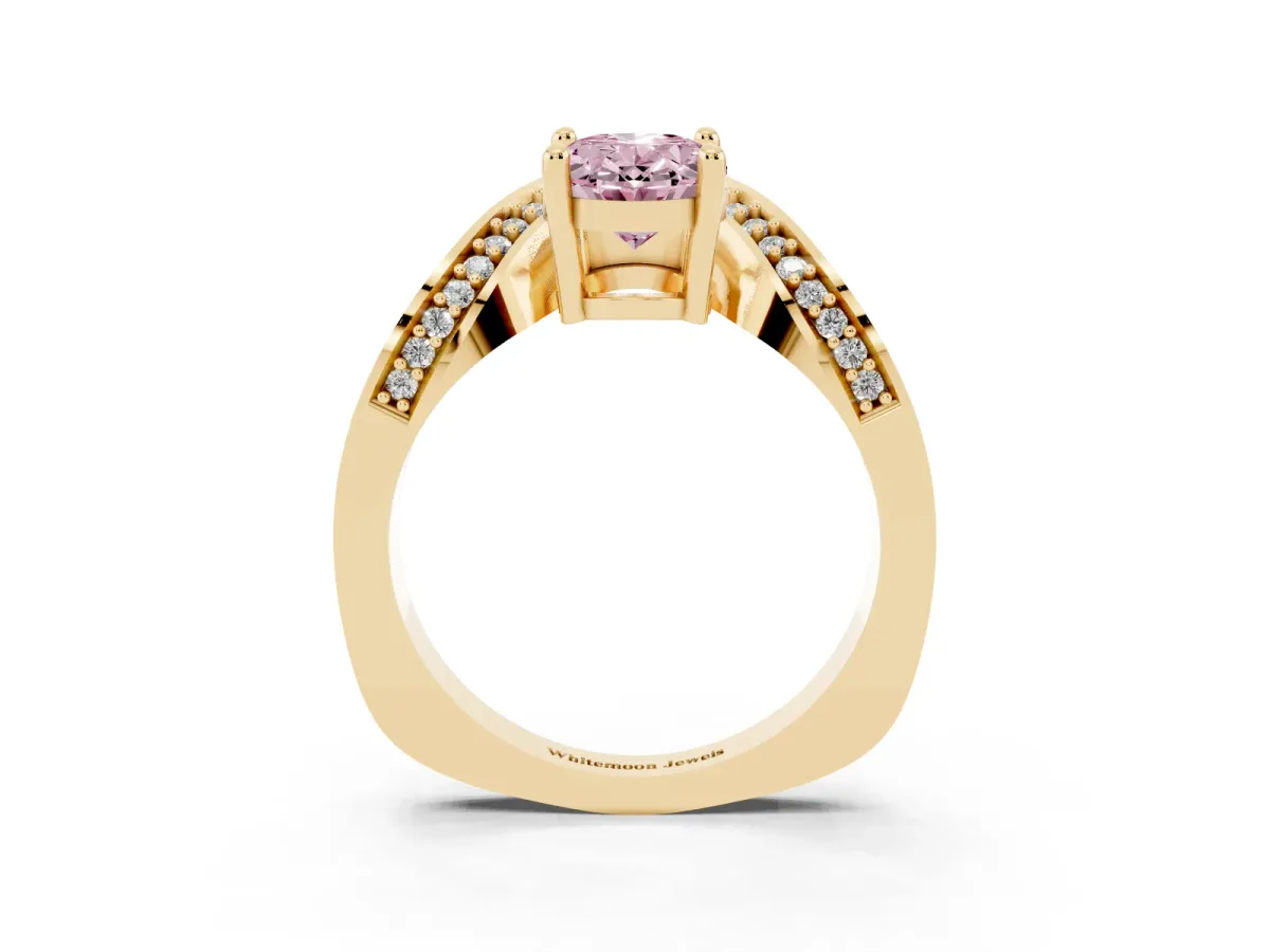 Fancy Pink Oval Cut Solitaire Diamond Engagement Ring with Pave Band and Four-Prong Setting Yellow gold