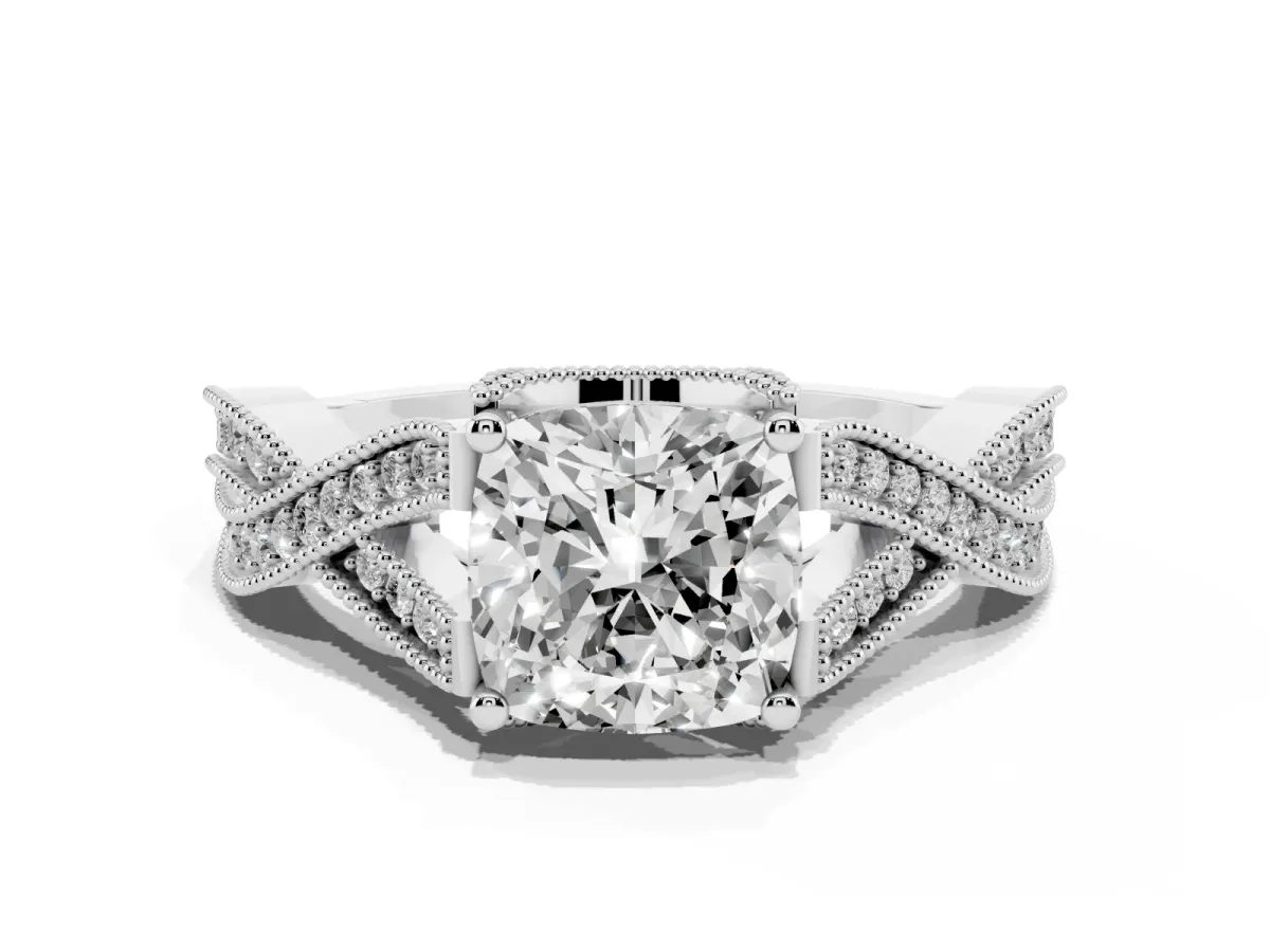 Cushion Cut Cut Diamond Twisted Band with Milgrain Pave Setting and Four-Prong Setting Silver