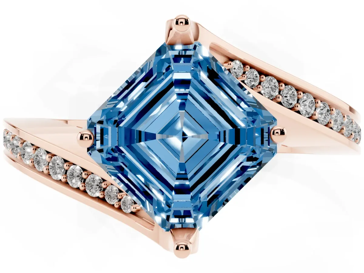 Fancy Blue Asscher Cut Solitaire Diamond Twist Band with Pavé Setting and Four-Prong Setting Rose gold