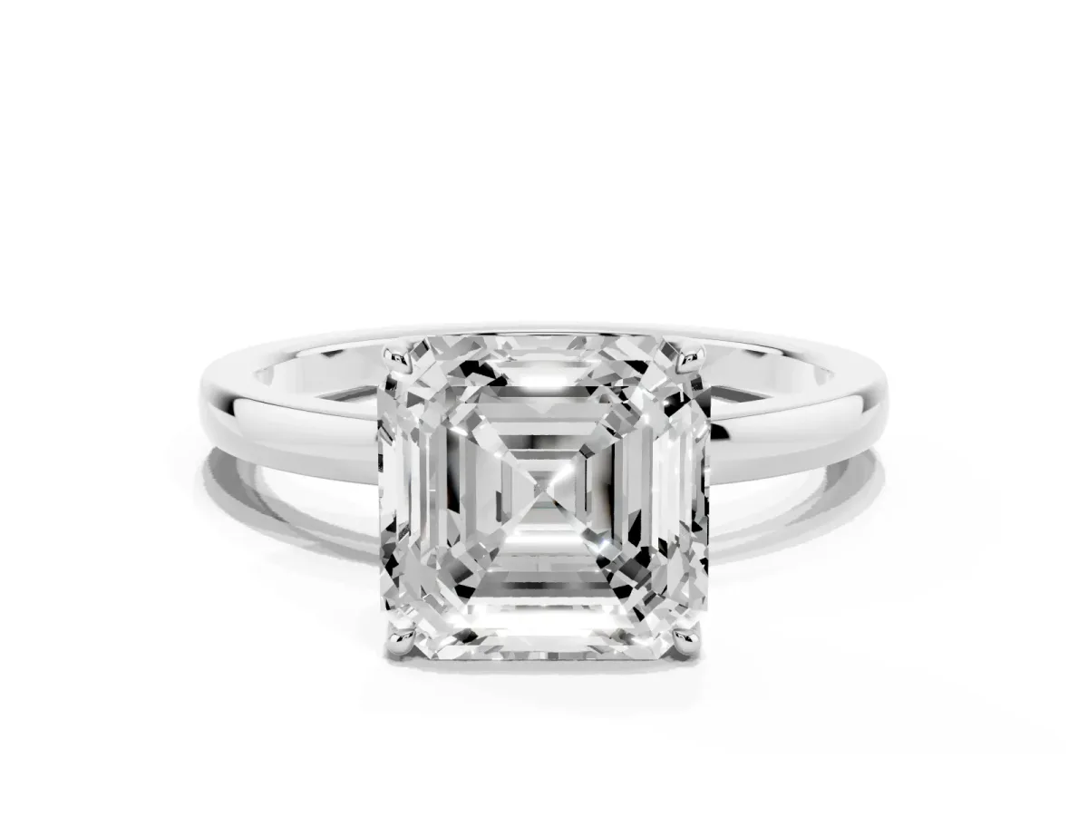 Asscher Cut Diamond Solitaire Ring with Thin Band and Prong Setting Platinum