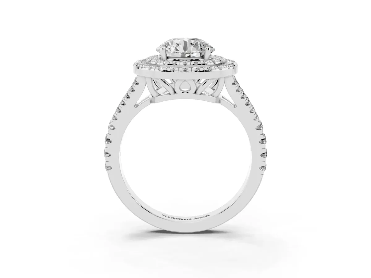 Round Cut Diamond Double Halo Ring with Pavé Band and Prong Setting Silver
