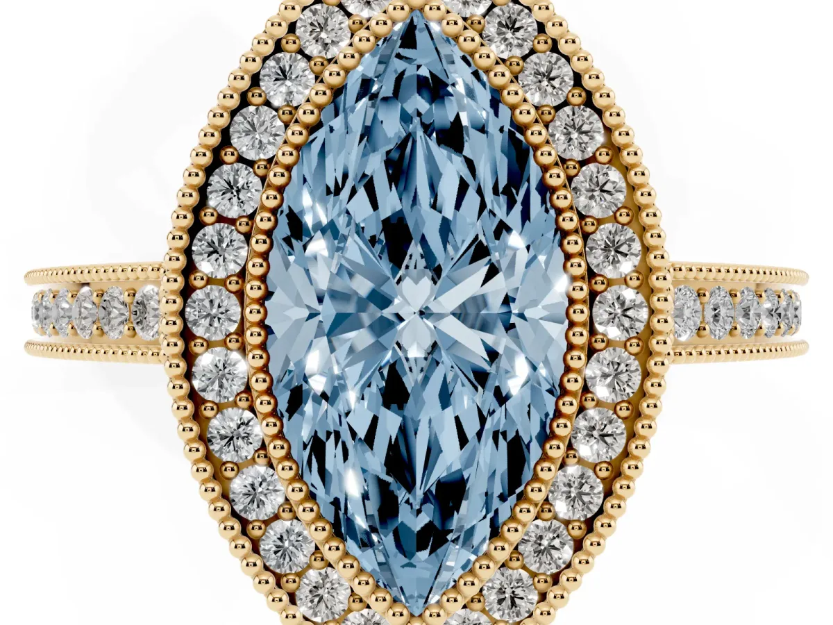 Fancy Blue Marquise Cut Cut Halo Diamond Ring with Pavé Band and Milgrain Prong Setting Yellow gold