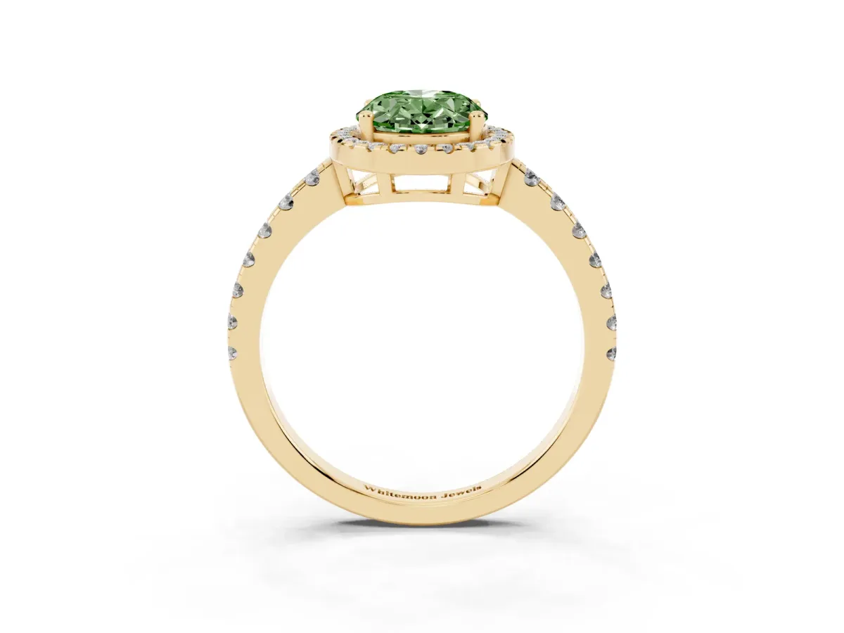 Fancy Green Oval Cut Diamond Halo Ring with Pavé Band and Four-Prong Setting Yellow gold