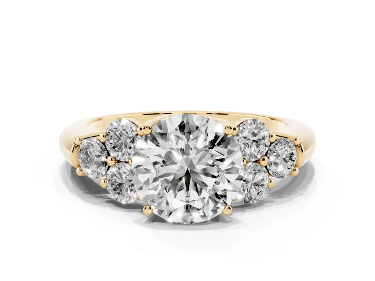 Round Cut Cut Diamond Cluster Ring with Round Accent Stones and Prong Setting on a Classic Band Yellow gold