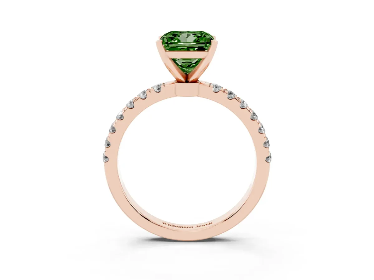 Fancy Green Princess Cut Diamond Solitaire Ring with Pavé Accents and Four-Prong Setting Rose gold