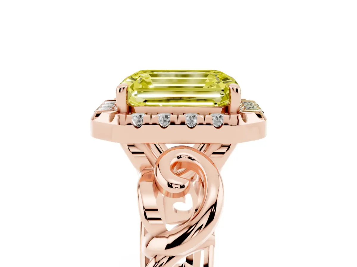 Fancy Yellow Emerald Cut Cut Halo Diamond Ring with Scrollwork Band and Four-Prong Setting Rose gold