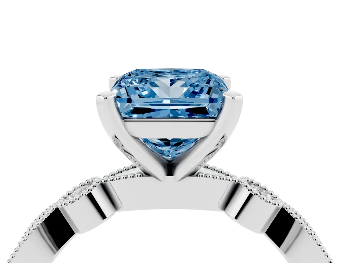 Fancy Blue Princess Cut Milgrain Bezel Diamond Engagement Ring with Solitaire Prong Setting Silver