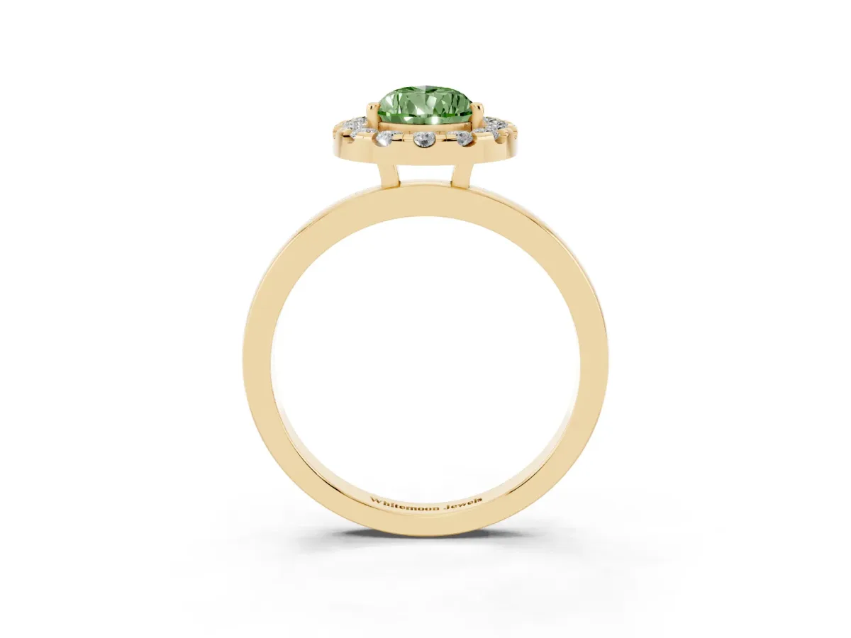 Fancy Green Pear Cut Halo Diamond Solitaire with Pavé Band and Four-Prong Setting Yellow gold