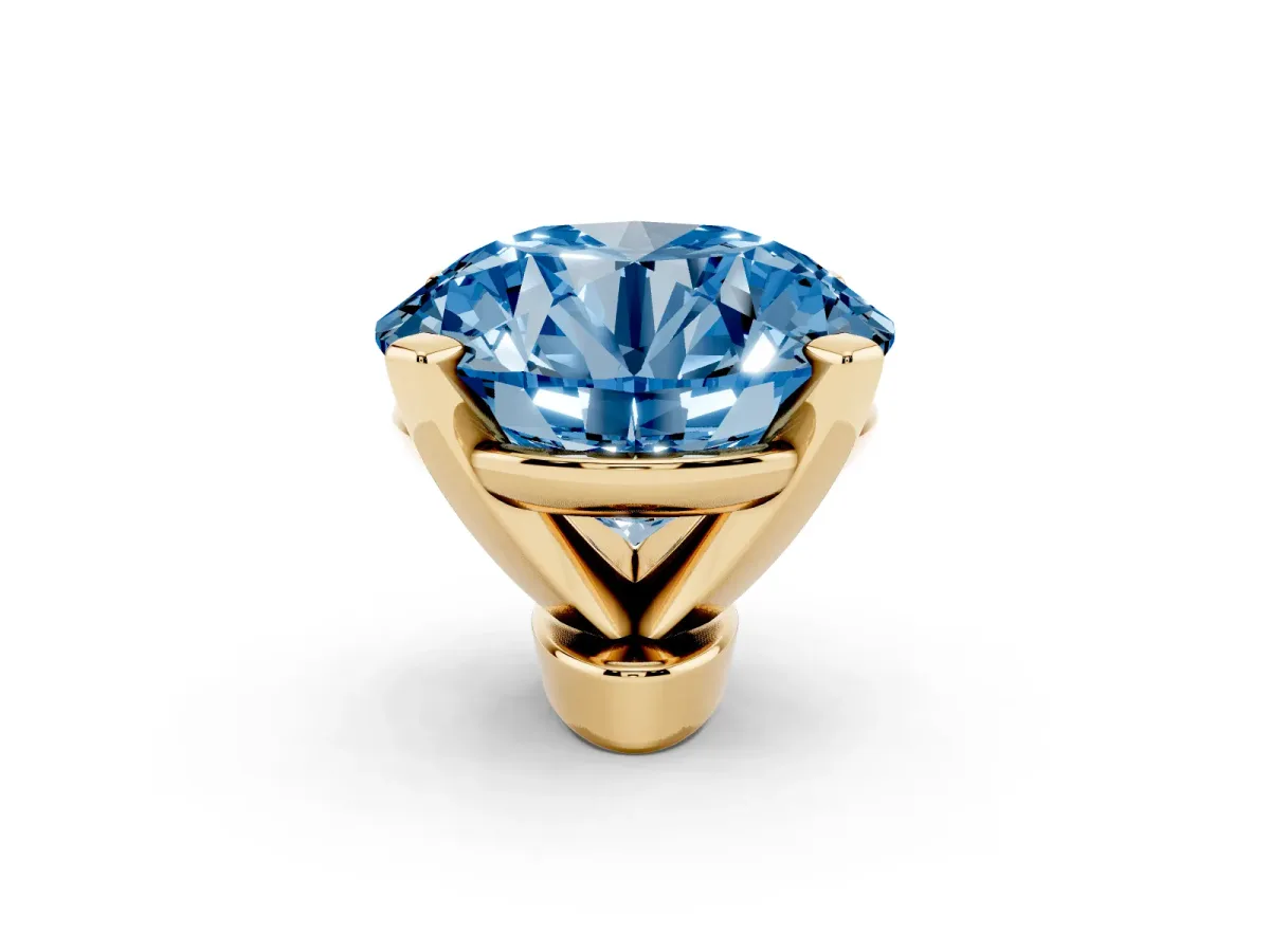 Fancy Blue Round Cut Diamond Solitaire Ring with Prong Setting and Classic Band Yellow gold