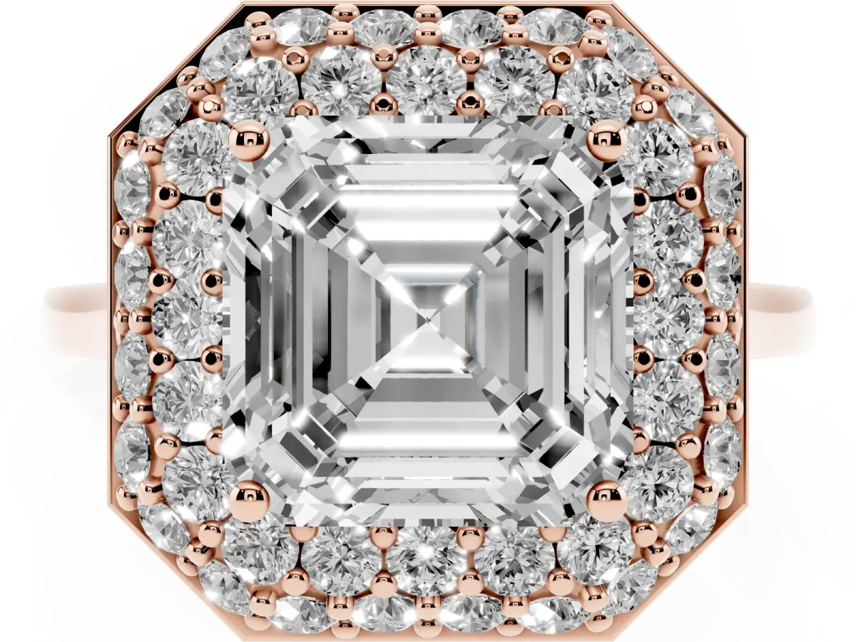 Asscher Cut Halo Diamond Engagement Ring with Solitaire Band and Four-Prong Setting Rose gold