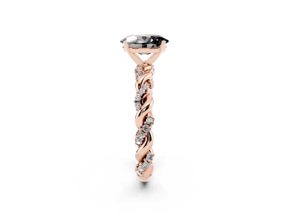 Fancy Black Oval Cut Diamond Solitaire Ring with Twisted Band and Pavé Accents Rose gold