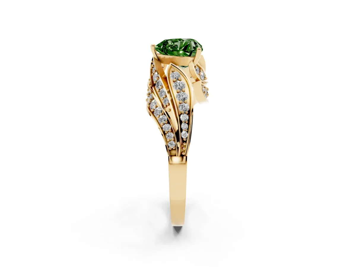 Fancy Green Heart Cut Diamond Solitaire Ring with Prong Setting and Twisted Pavé Band Yellow gold
