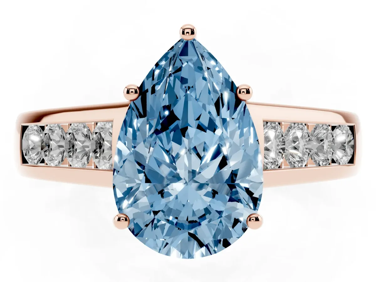 Fancy Blue Pear Cut Brilliant Channel-Set Solitaire Ring with Four-Prong Setting Rose gold