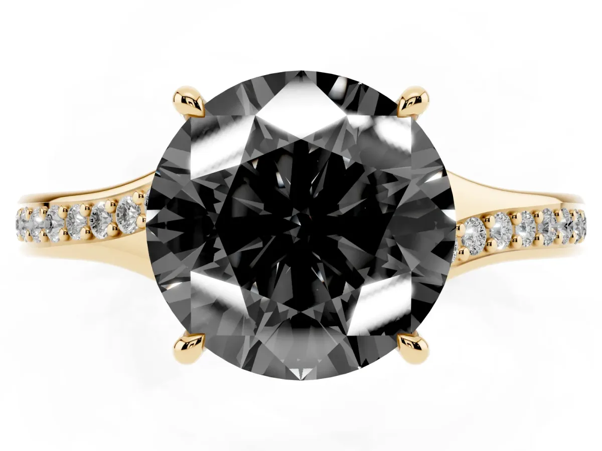 Fancy Black Round Cut Diamond Solitaire Ring with Pavé Band and Prong Setting Yellow gold