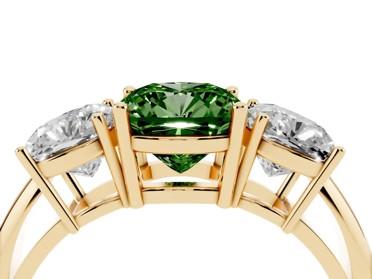Fancy Green Three-Stone Cushion Cut Cut Diamond Engagement Ring with Prong Setting on a White Gold Band Yellow gold