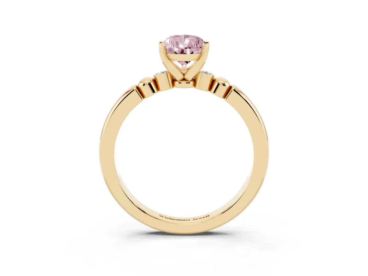 Fancy Pink Pear Cut Solitaire Beaded Band with Four-Prong Setting Yellow gold