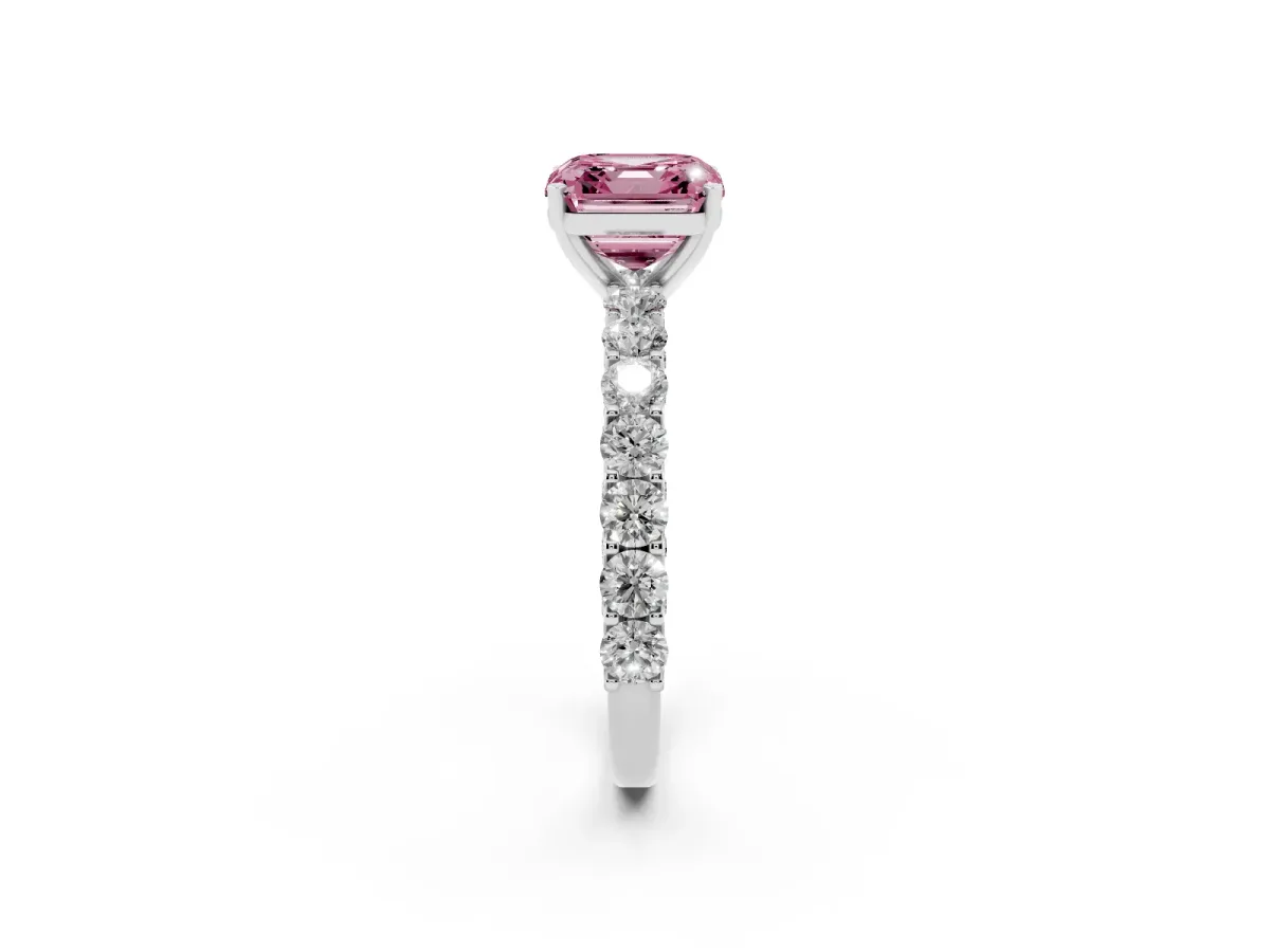 Fancy Pink Asscher Cut Diamond Solitaire Ring with Shared Prong Pavé Band and Four-Prong Setting Silver