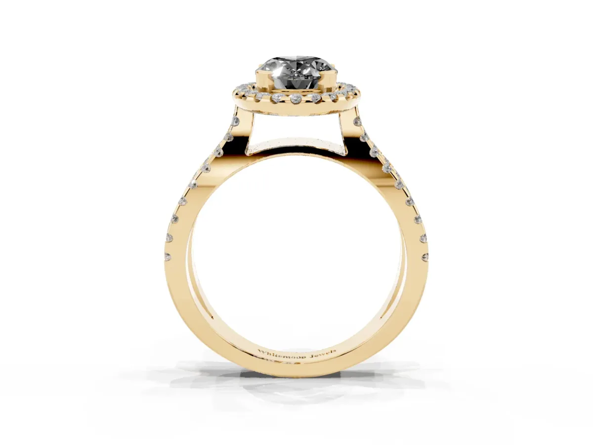 Fancy Black Oval Cut Diamond Halo Ring with Split Shank Pavé Band and Prong Setting Yellow gold