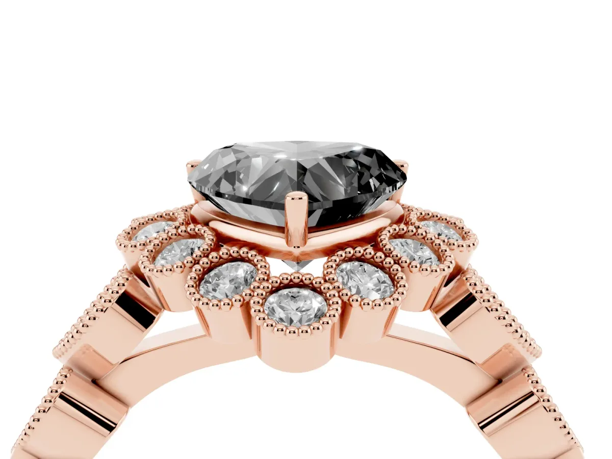 Fancy Black Heart Cut Brilliant Milgrain Pave Heart Band Solitaire Ring Rose gold
