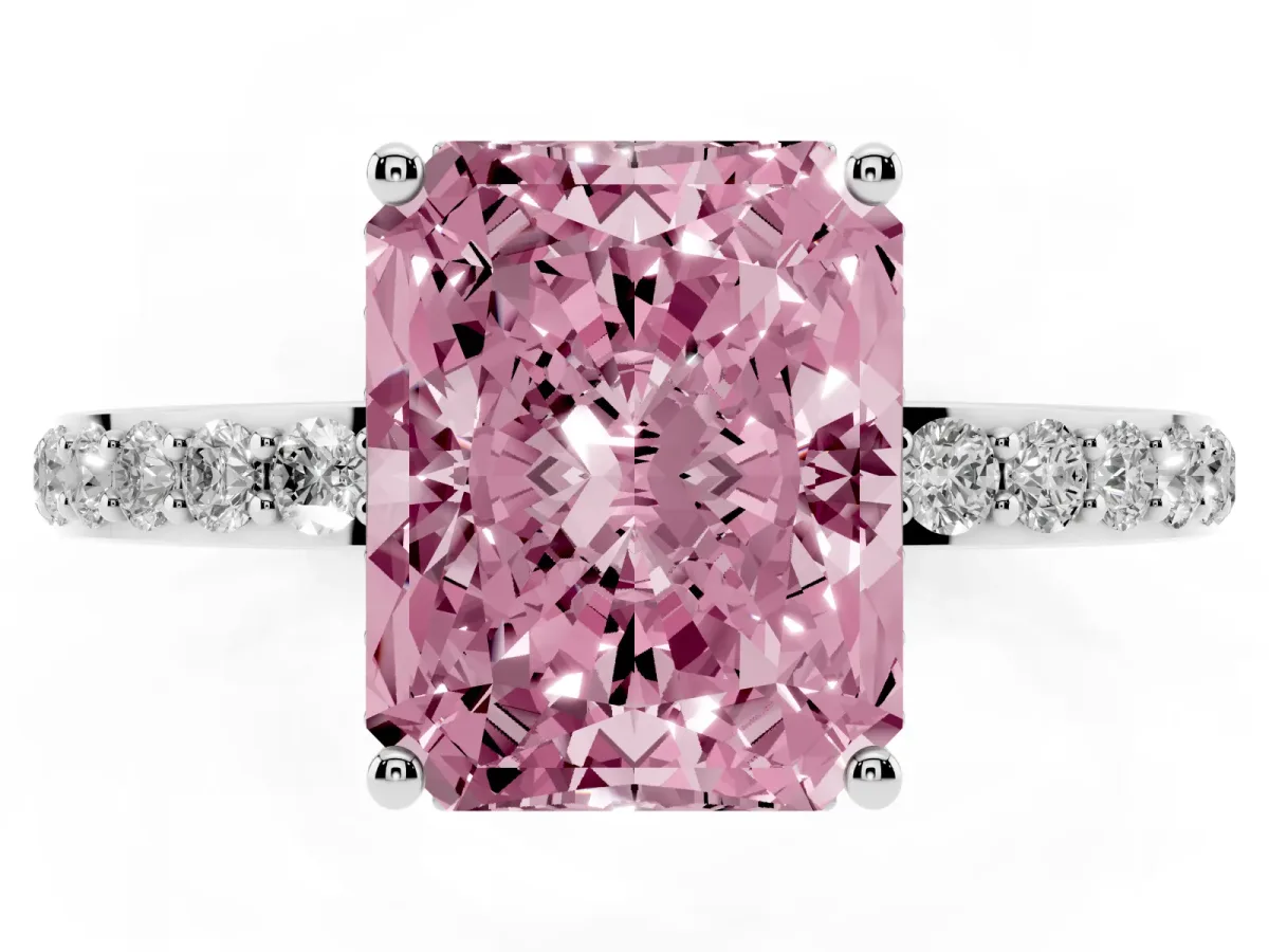 Fancy Pink Radiant Cut Diamond Solitaire Ring with Pavé Band and Hidden Halo Silver