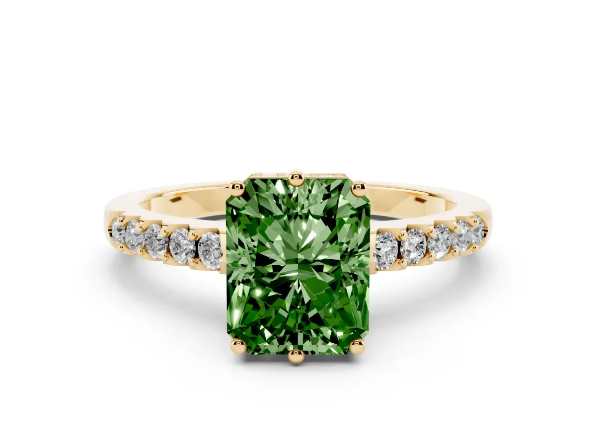 Fancy Green Radiant Cut Solitaire Diamond Engagement Ring with Pavé Band and Six-Prong Setting Yellow gold