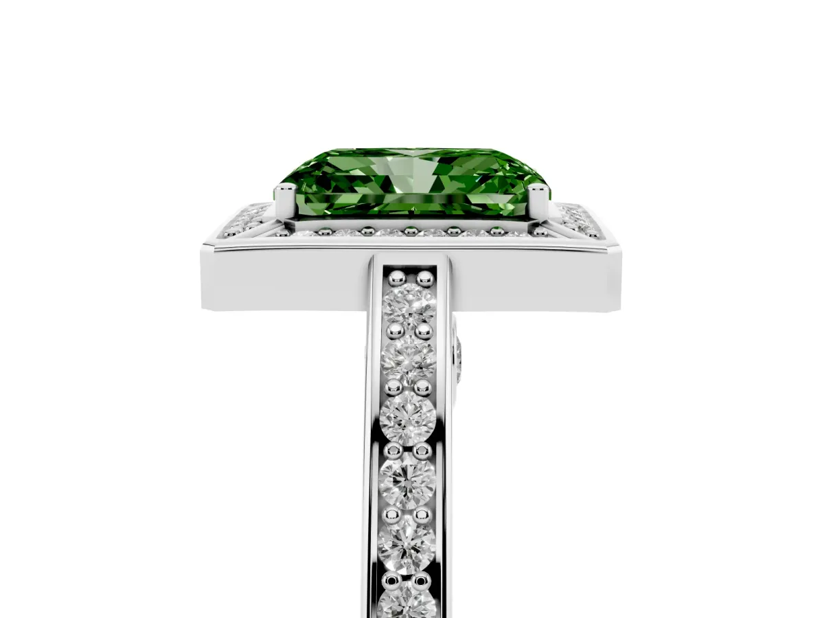 Fancy Green Radiant Cut Cut Halo Pave Split Shank Prong Setting Ring Silver