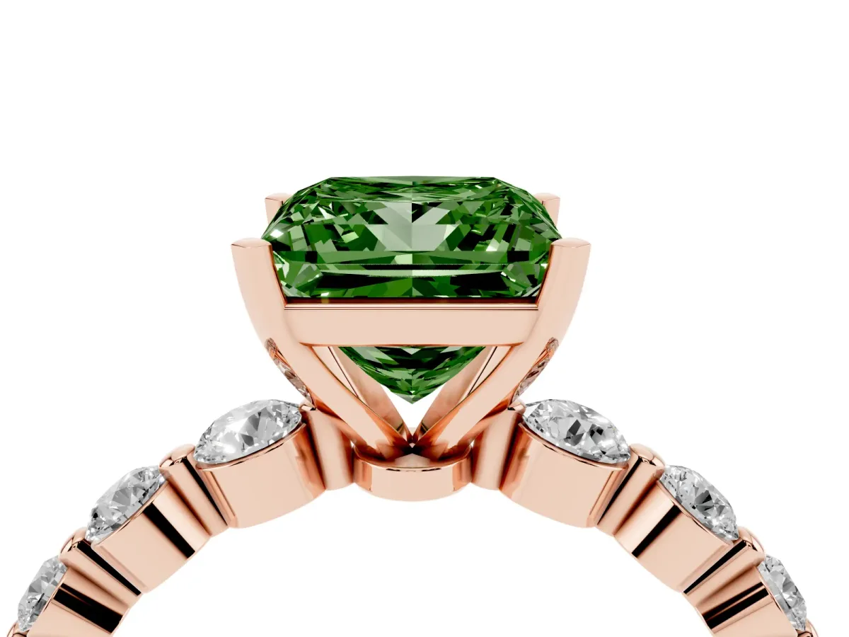 Fancy Green Princess Cut Solitaire Diamond Ring with Pave Band and Four-Prong Setting Rose gold