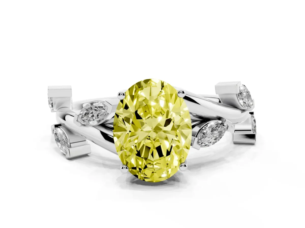 Fancy Yellow Oval Cut Solitaire Twisted Band Marquise Accent Prong Setting Ring Silver